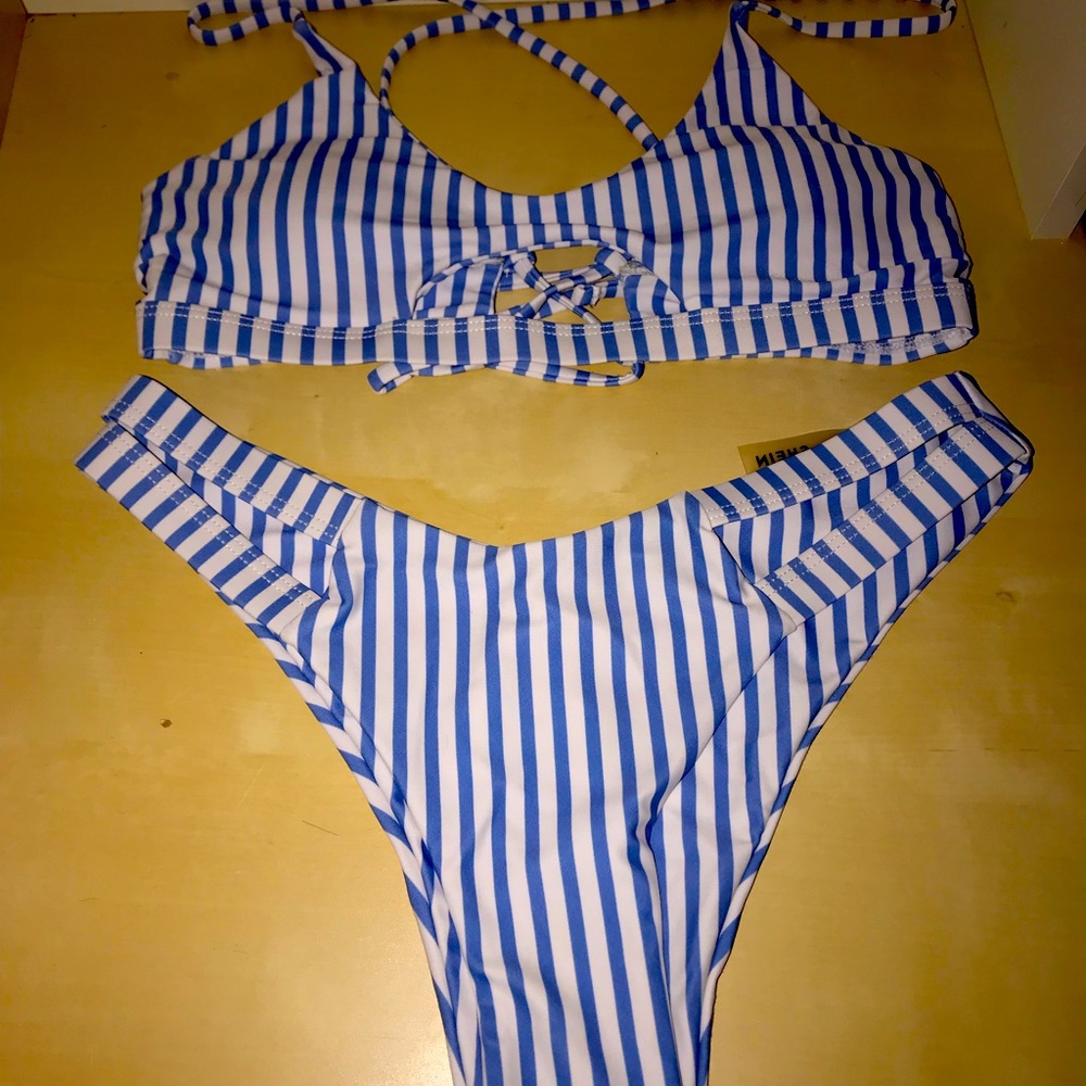 Blue and white striped bikini